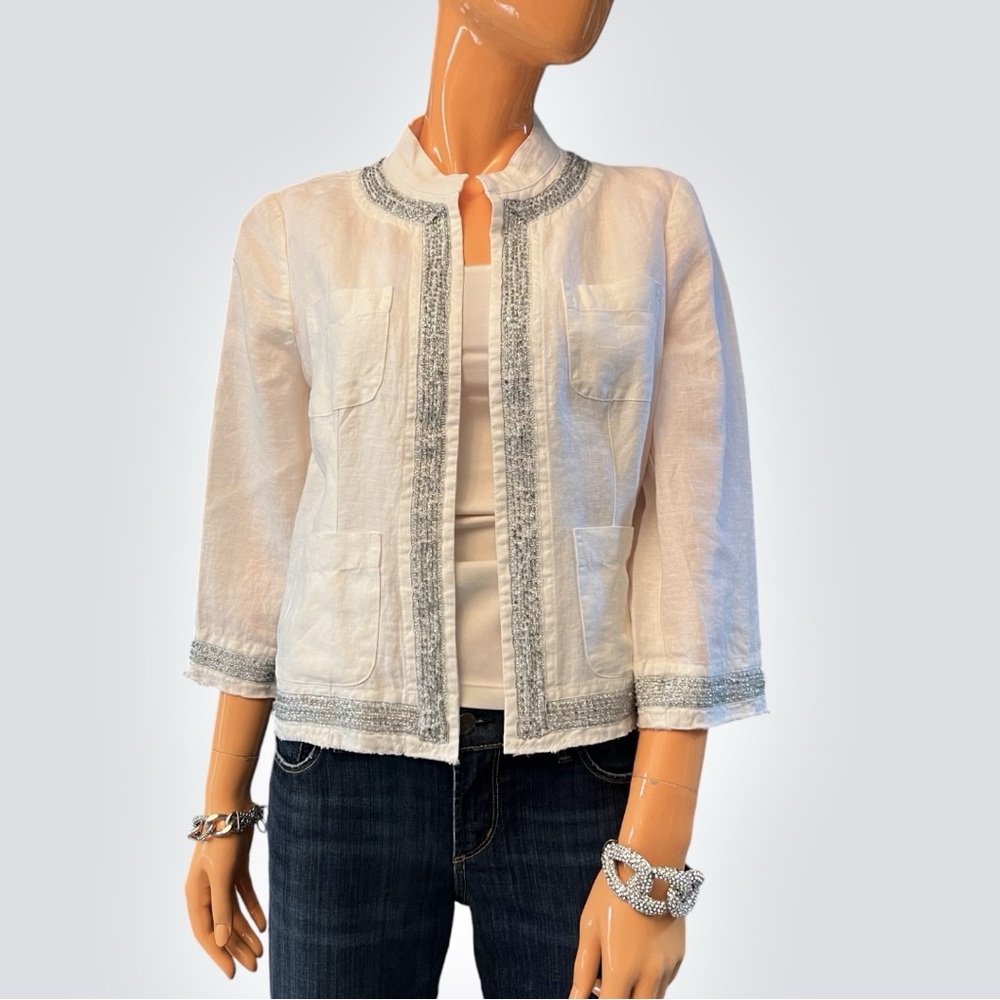 CHICO’S Linen Bolero Jacket with Metallic and Beaded Trim sequin blazer